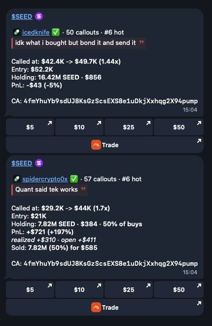 Hot Callouts monitor showing two callouts on the same coin, ranked #6 hot, with the market cap move since each call