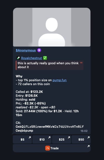 Recommended Callouts alert with a Why field listing a top 1% position size and 72 callers on the coin