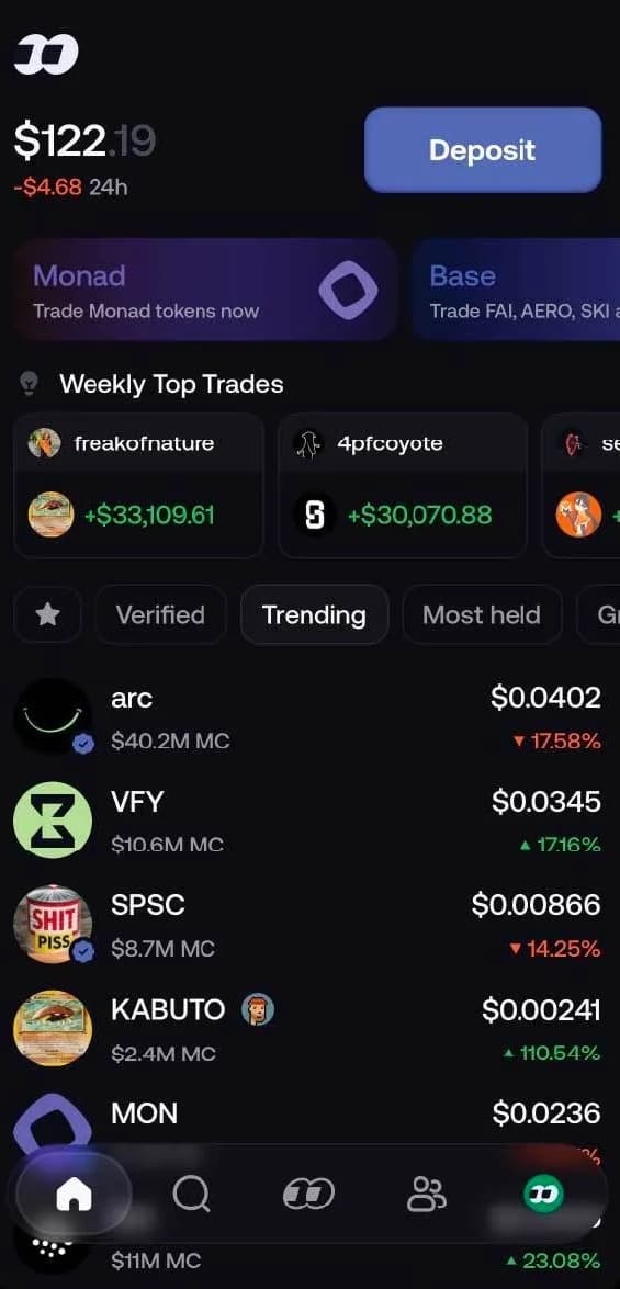 Fomo memecoin app interface