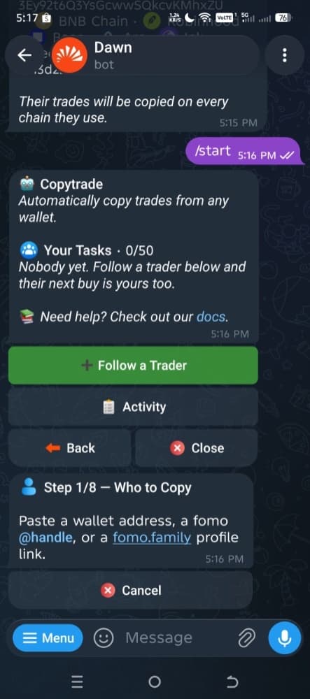 Dawn Copytrade wizard, step 1: Who to Copy