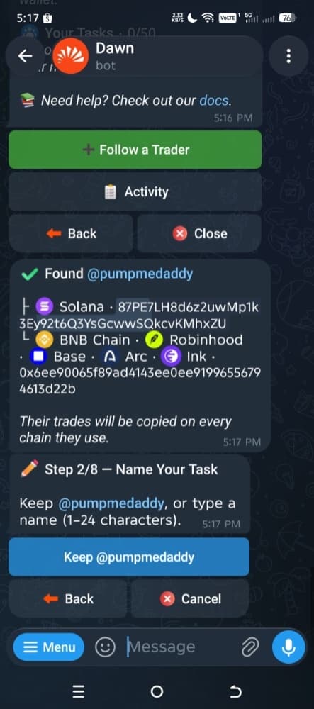 Dawn Copytrade wizard, step 2: Name Your Task
