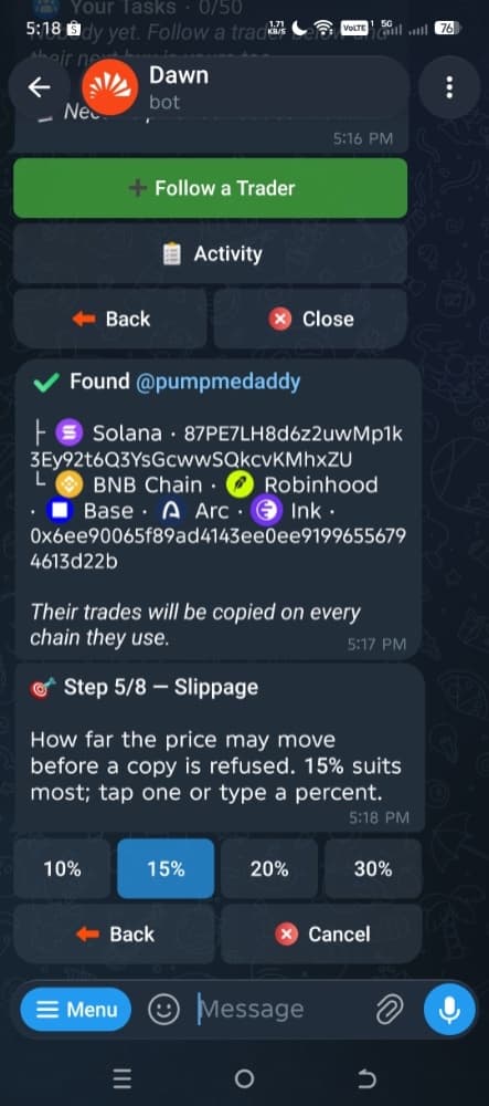 Dawn Copytrade wizard, step 5: Slippage