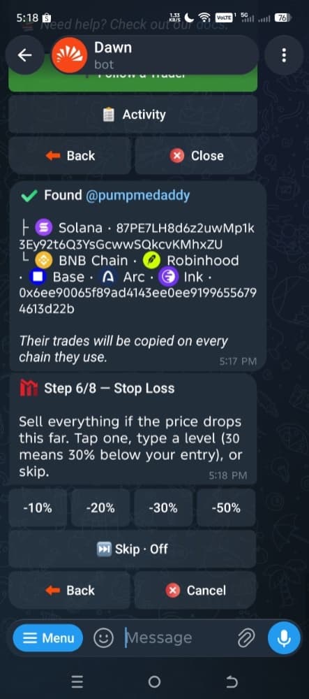 Dawn Copytrade wizard, step 6: Stop Loss