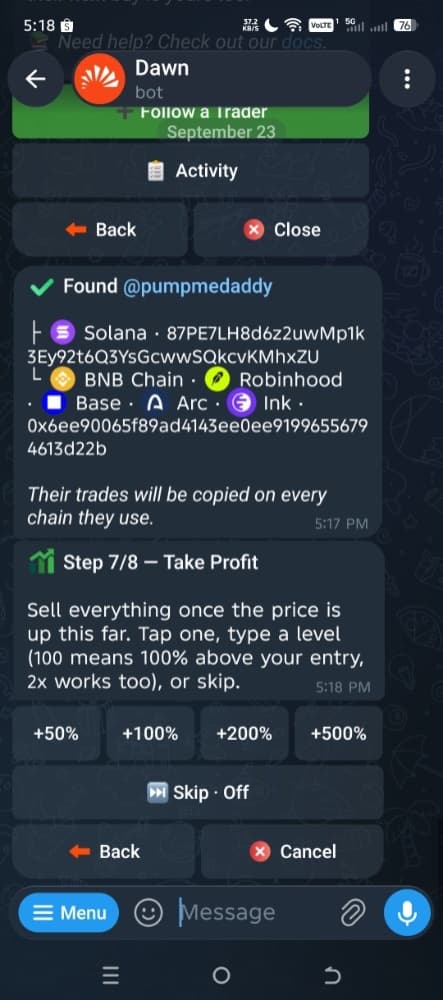 Dawn Copytrade wizard, step 7: Take Profit