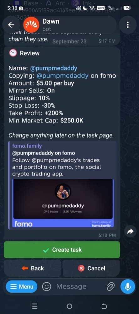 Dawn's review screen summarising the Copytrade task